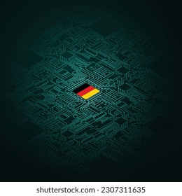 Green background with Germany flag microchip and perspective electric circuit board silhouette. Electronic technology boardwith cpu made in Germany