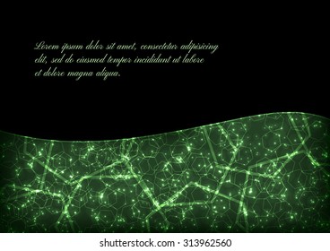 Green background with glittering hexagons and sparkles. Vector background for flyer, blank, card, banner, invitation, brochure cover design template.