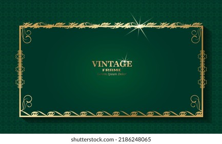 green background with gold pattern border frame, vintage and luxury vector design