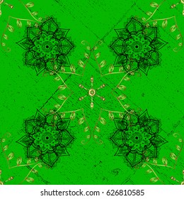 Green background with golden elements. Oriental ornament in the style of baroque. Traditional classic vector pattern.