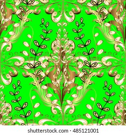 Green background with golden floral pattern. Vector.