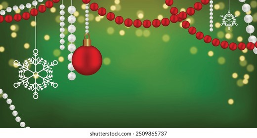 Green background golden sparkles falling down Xmas mood Merry Christmas greeting card Holiday flyer New Year poster cover banner Shiny lights White pearl beads Copy space Red ball beads Snowflakes