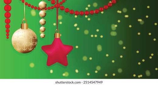 Green background golden sparkles falling down bokeh Xmas mood Merry Christmas greeting card Holiday flyer New Year poster cover banner Shiny lights beads Copy space Red gold ball beads 