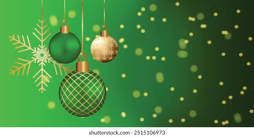 Grüner Hintergrund goldene funkelt herunter Bokeh Weihnachten Stimmung Fröhliche Weihnachten Grußkarte Weihnachtsflyer Silvester Plakat Abdeckung Banner Glänzende Lichter Perlen Kopienraum Gold Ball Perlen Schneeflocke