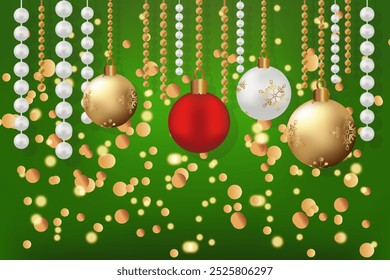 Fundo verde dourado brilhos caindo para baixo Xmas humor Feliz Natal cartão de saudação Natal flyer de férias Ano novo cartaz capa banner Luzes brilhantes Branco pérolas bolas de ouro vermelho Copiar espaço