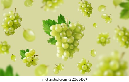 Green background with grapes and leaves. Green grapes in fly on green background. Realistic vector illustration.