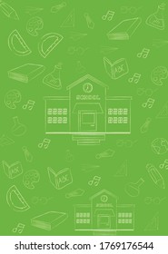 Green background with graphics of school items