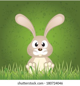 Green Background With Green Grass and Easter bunny. Vector Illustration