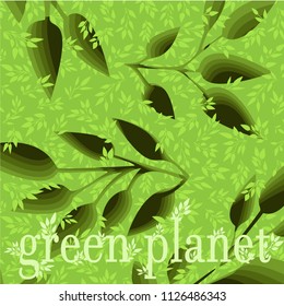 Green background of grass and plants. Green planet. Design care for the environment.
 Paper illustration of layers. Stock vector.