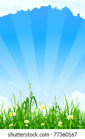 Green background with grass rays clouds and flowers
