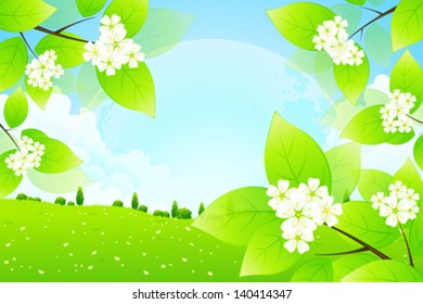 Green Background with Grass Trees Clouds and Moon in the Sky