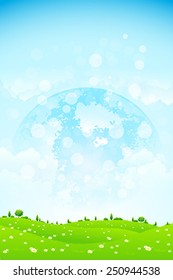 Green Background with Grass Trees Clouds and Planet in the Sky