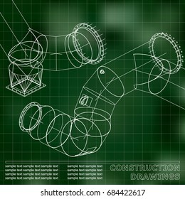 Green background. Grid. Drawings of steel structures. Pipes and pipe. 3d blueprint of steel structures. Background for your design