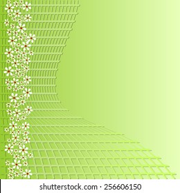 Green background with grid and small white flowers for spring advertising design, place for your own text