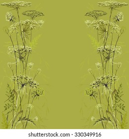 Green background with hand drawn sketch herbs and meadows grass. Green herbs floral background. Vertical border banner for eco organic design. Hand draw vector illustration.