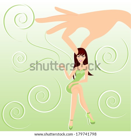 Green background with a hand holding a pretty girl/ Green background