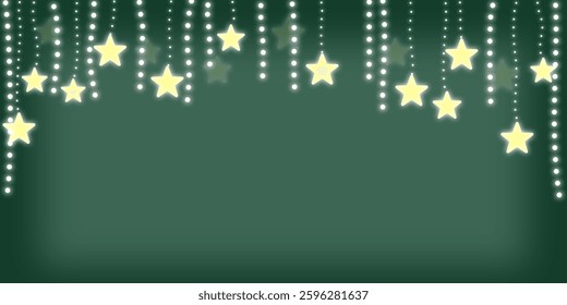 Green background with hanging colored stars garlands and lights effect.