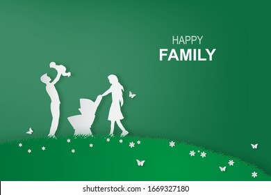 Green background happy family having fun playing in the field.Creative design paper art and craft style Environment ecology nature day concept.Family lifestyle enjoy in garden park.vector illustration