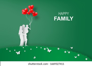 Green background happy family having fun playing in the field.Creative design paper art and craft style Environment ecology nature day concept.Family lifestyle enjoy in garden park.vector illustration