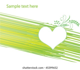 Green background with heart and floral element. Vector illustration.