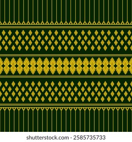 Green background with horizontal bands of yellow motifs. Ornate linked shapes (flowers, leaves) and repeating diamonds. Traditional, folk-art inspired design. High contrast, culturally rich.