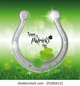 a green background with a horseshoe and text for patrick's day