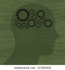 Green background with human head silhouette and gears