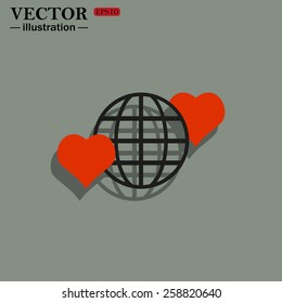 Green background.  Icon planet and two red hearts. Symbol of love between the nation. Globe.  vector illustration, EPS 10 
