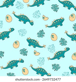 green background illustration vector seamless  cartoon design of cute ankylasaurus dinosaur for kids apparel. This design is suitable for children's clothing textile industry