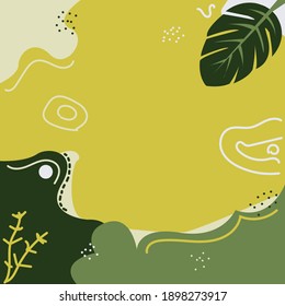 Green background image, with a touch of irregular lines.  There is a monstera leaf in the background.