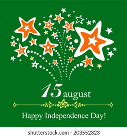 Green background for Indian Independence Day with text 15 August, firework and place for your text. vector illustration
