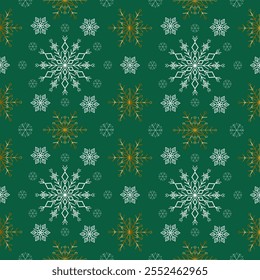  A green background with intricate white and golden snowflake patterns in varying sizes, combining festive elegance with a winter-themed design.Vector seamless pattern for Christmas festival geometric