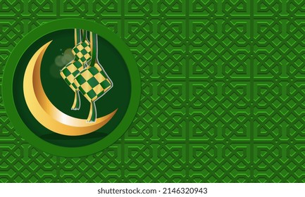 green background with islamic style pattern, moon and ketupat design suitable for ramadan concept