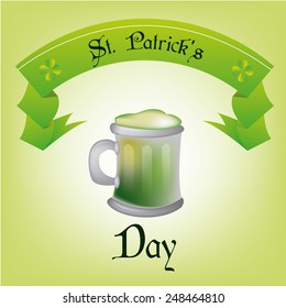a green background with an isolated glass of beer and a ribbon with text