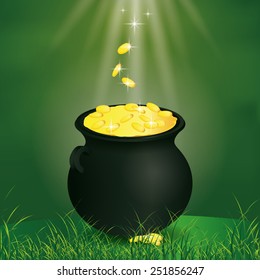 a green background with an isolated pot of golden coins for patrick's day
