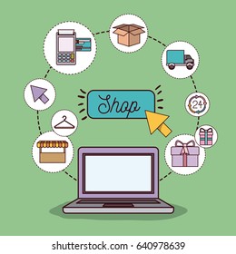 green background with laptop computer and online shop icons vector illustration
