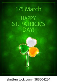 Green background with leaf clover in Irish flag colors, theme of Happy St. Patrick's Day, illustration.