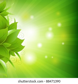 Green Background With Leafs And Grass, Vector Illustration