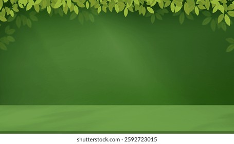 Green Background with Light,Shadow Leaves on Floor for Spring Banner,Studio room spring leave shadow blurry gradient on wall and podium display for Easter,Vector Summer backdrop product present 