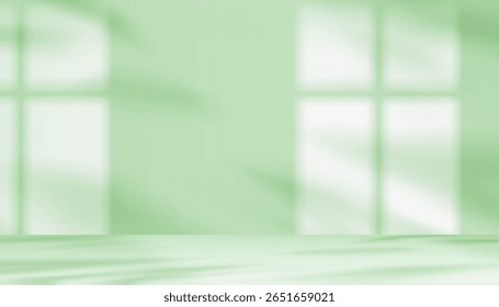 Fundo verde com luz, quadro de janela de sombra em 3d verde Podium Display para Spring Product Design, vetor abstrato minimalista palco maquete de plataforma com parede interior estúdio