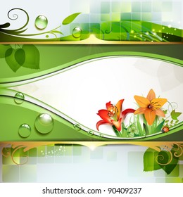 Green background with lily and drops of water