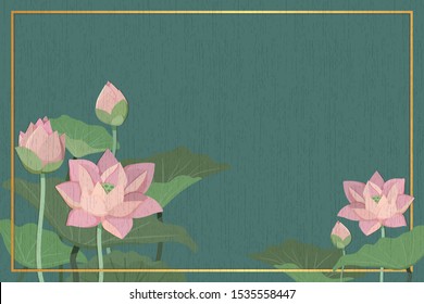 The green background of Lotus Flower or Lily water and green leaf  in paper board texture, Buddhism Background with peaceful feeling, Thailand background, Pink Thai  Flowers and Floral 