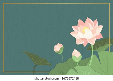 The green background of Lotus Flower or Lily water and green leaf  in paper board texture, Buddhism Background with peaceful feeling, Thailand background, Peach Thai  Flowers and Floral 
