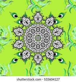 Green background. Mandalas. White. vector illustration texture.