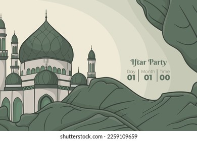 Green background with mosque in hand drawn design for ramadan kareem template