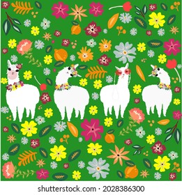 Green background with multicolored flowers of different shapes. White alpacas and llamas in glasses with wreaths on their heads and necklaces of flowers. The animals lined up in a row on the field.