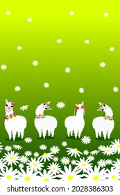 Green background with multicolored flowers of different shapes. White alpacas and llamas in glasses with wreaths on their heads and necklaces of flowers. The animals lined up in a row on the field.