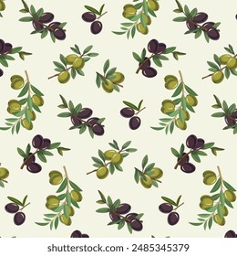 Green background with multi-colored olives.Vector seamless pattern with olive branches on a colored background.