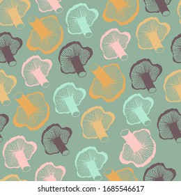 Green background with mushrooms of actual colors in an unusual perspective.Universal use for business in the delivery of eco-products, postcards, textiles, decoration of dining areas.Meat replacement.