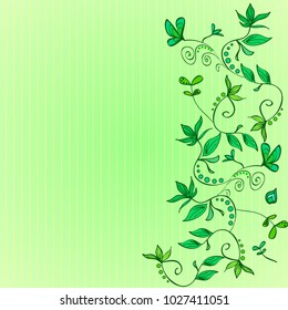 Green background in a narrow strip. On the right side Floral ornament - green climbing plants, flowers, leaves. On the template there is an empty space for the inscription. Vector.